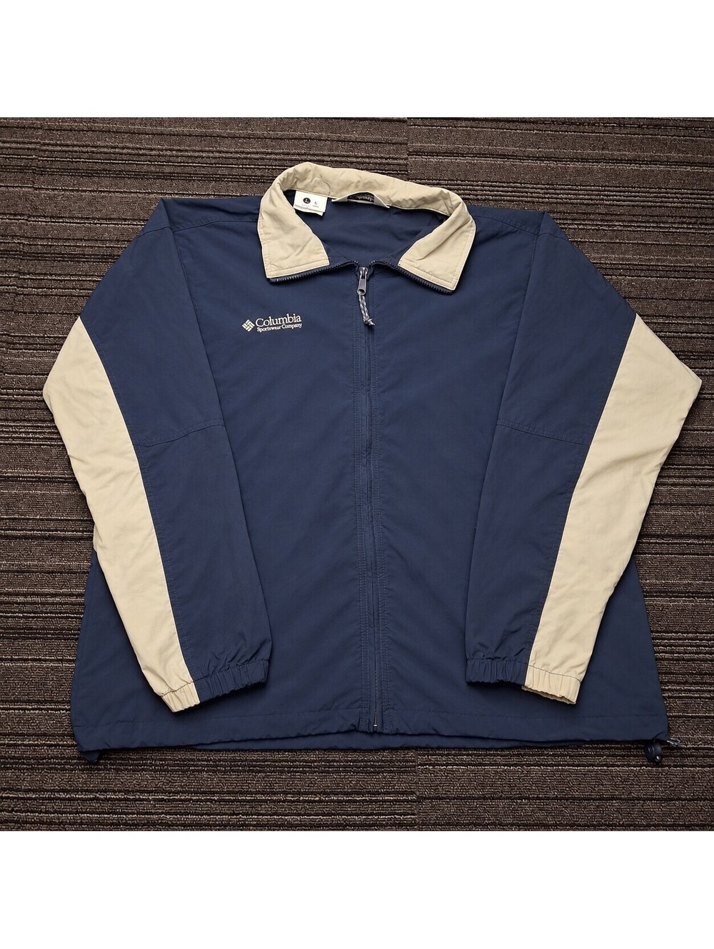 Vintage Columbia Sportswear Mens Large Navy Tan Full Zip Windbreaker Jacket
